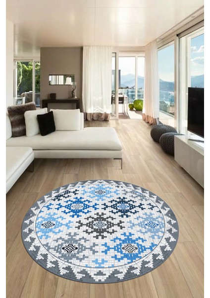Etnik Modern Desenli Dijital Kaymaz Yıkanabilir Yuvarlak Mutfak Salon Halısı Y-Modern-14-Mavi fiyatları