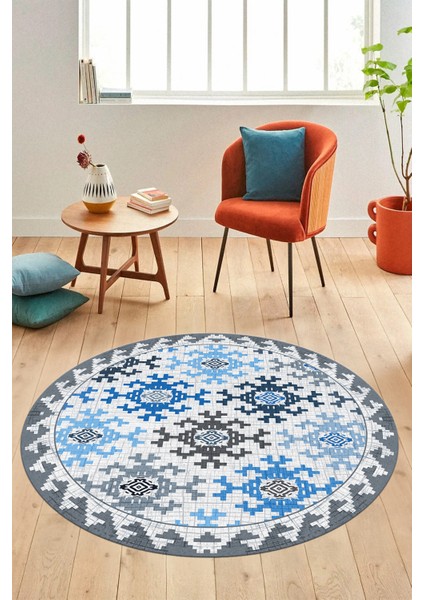 Etnik Modern Desenli Dijital Kaymaz Yıkanabilir Yuvarlak Mutfak Salon Halısı Y-Modern-14-Mavi modelleri