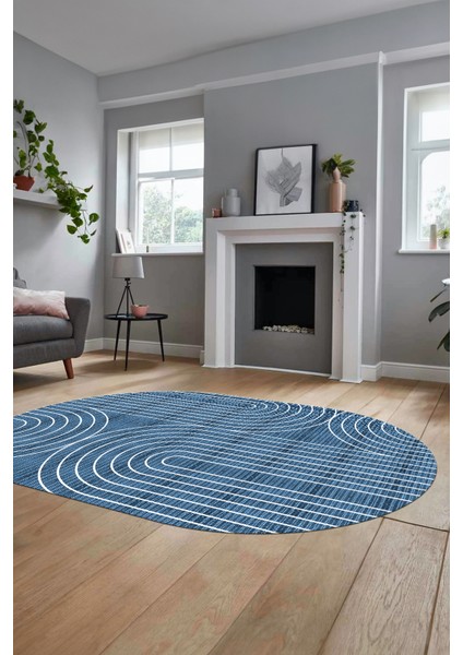 Sade Desen Baskılı Kaymaz Taban Yıkanabilir Modern Oval Yolluk Salon Halısı O-MODERN-110-MAVİ indirimleri