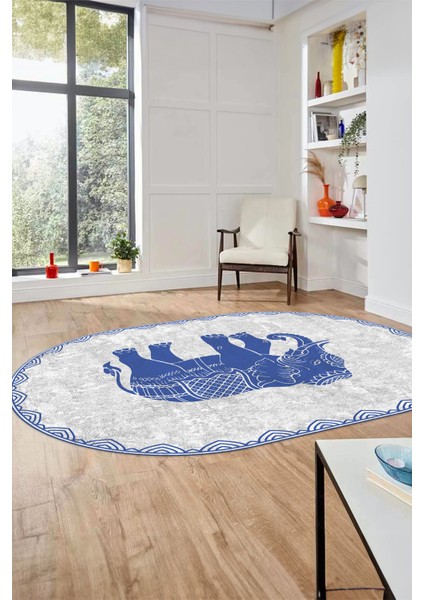 Fil Desen Baskılı Kaymaz Taban Yıkanabilir Modern Oval Yolluk Salon Halısı O-MODERN-101-MAVİ fiyatları