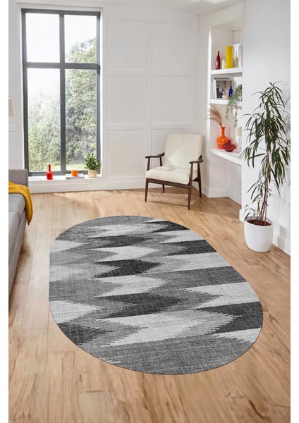 Renkli Desen Baskılı Kaymaz Taban Yıkanabilir Modern Oval Yolluk Salon Halısı O-MODERN-104-GRİ