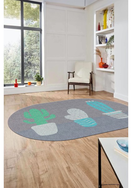 Kaktüs Desen Baskılı Kaymaz Taban Yıkanabilir Modern Oval Yolluk Salon Halısı O-MODERN-106-TURKUAZ