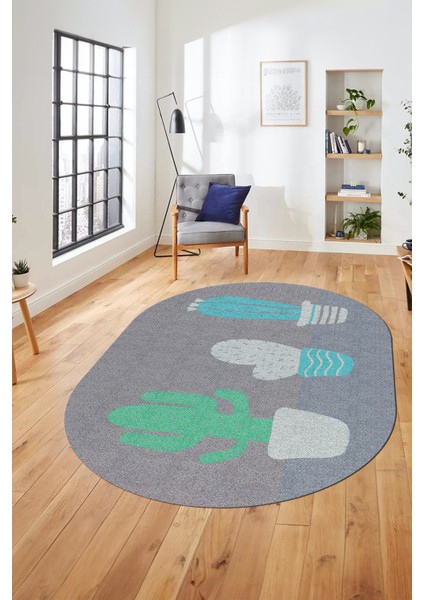 Kaktüs Desen Baskılı Kaymaz Taban Yıkanabilir Modern Oval Yolluk Salon Halısı O-MODERN-106-TURKUAZ fiyatları