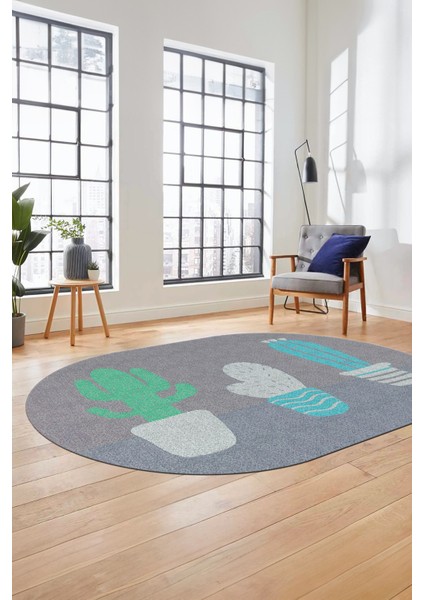 Kaktüs Desen Baskılı Kaymaz Taban Yıkanabilir Modern Oval Yolluk Salon Halısı O-MODERN-106-TURKUAZ modelleri