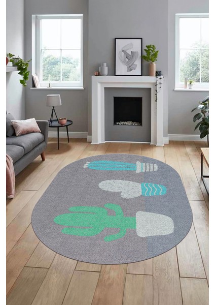 Kaktüs Desen Baskılı Kaymaz Taban Yıkanabilir Modern Oval Yolluk Salon Halısı O-MODERN-106-TURKUAZ fırsatları