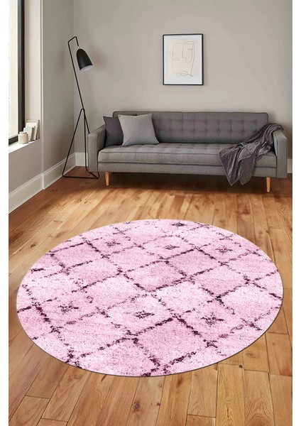 Baskılı Kaymaz Yıkanabilir Kilim Desen Yuvarlak Mutfak Halısı Salon Halısı Y-Modern-57-Pembe indirimleri
