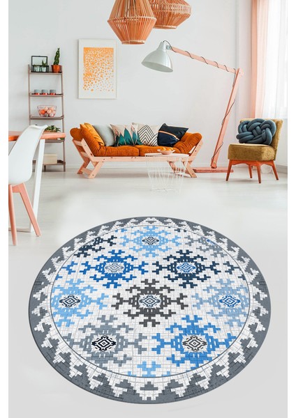 Etnik Modern Desenli Dijital Kaymaz Yıkanabilir Yuvarlak Mutfak Salon Halısı Y-Modern-14-Mavi fırsatları