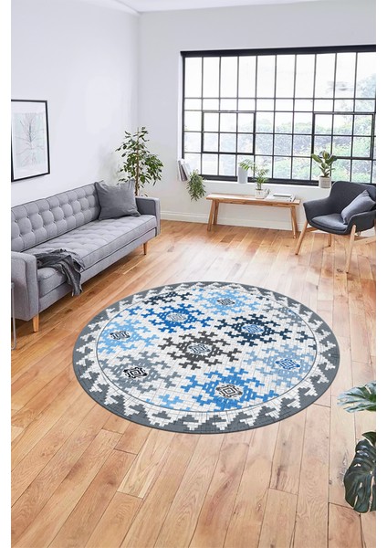 Etnik Modern Desenli Dijital Kaymaz Yıkanabilir Yuvarlak Mutfak Salon Halısı Y-Modern-14-Mavi indirimleri