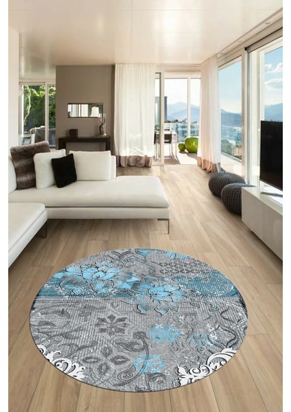 Çiçekli Modern Desen Dijital Kaymaz Yıkanabilir Yuvarlak Mutfak Salon Halısı Y-Modern-15-Mavi