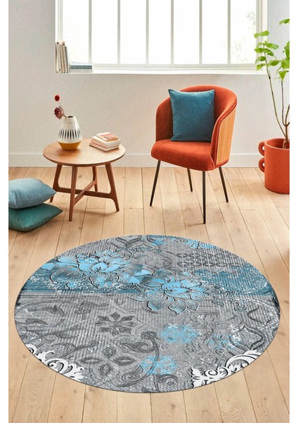 Çiçekli Modern Desen Dijital Kaymaz Yıkanabilir Yuvarlak Mutfak Salon Halısı Y-Modern-15-Mavi