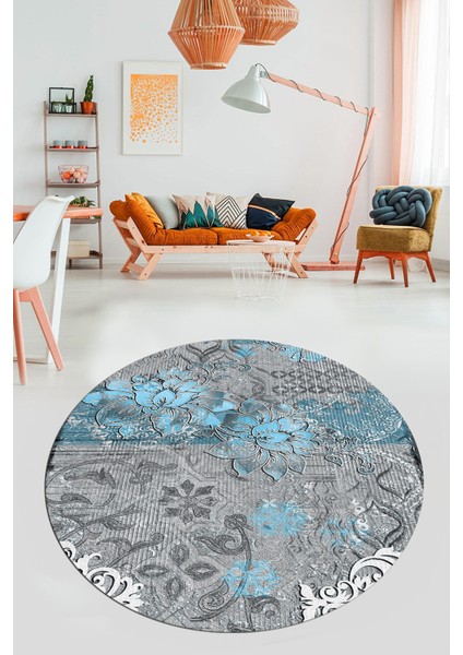 Çiçekli Modern Desen Dijital Kaymaz Yıkanabilir Yuvarlak Mutfak Salon Halısı Y-Modern-15-Mavi