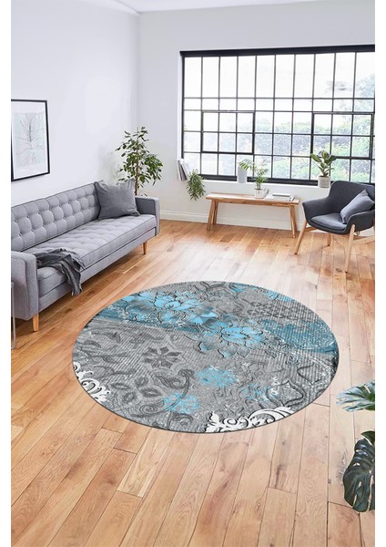 Çiçekli Modern Desen Dijital Kaymaz Yıkanabilir Yuvarlak Mutfak Salon Halısı Y-Modern-15-Mavi