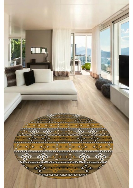 Modern Etnik Desenli Dijital Kaymaz Yıkanabilir Yuvarlak Mutfak Salon Halısı Y-Modern-19-Kahve