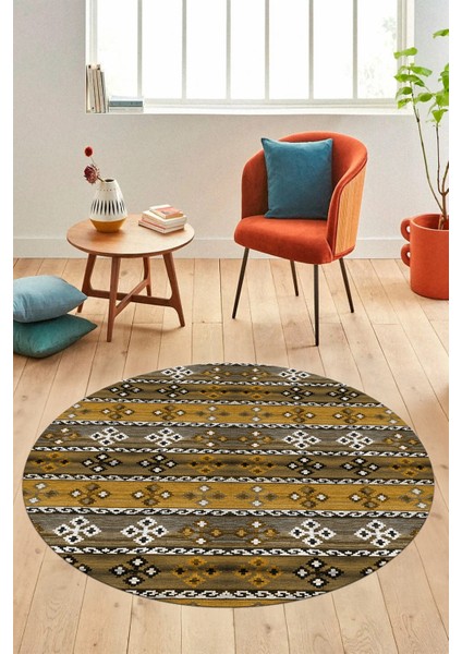 Modern Etnik Desenli Dijital Kaymaz Yıkanabilir Yuvarlak Mutfak Salon Halısı Y-Modern-19-Kahve fiyatları