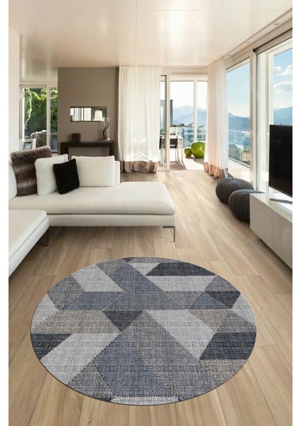 Baskılı Kaymaz Taban Yıkanabilir Modern Şık Yuvarlak Mutfak Salon Halısı Y-Modern-96-Mavi