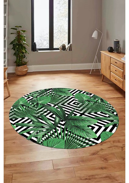 Yaprak Desen Baskılı Kaymaz Taban Yıkanabilir Modern Yuvarlak Salon Halısı Y-MODERN-100-YEŞİL
