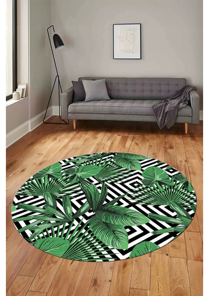 Yaprak Desen Baskılı Kaymaz Taban Yıkanabilir Modern Yuvarlak Salon Halısı Y-MODERN-100-YEŞİL fiyatları