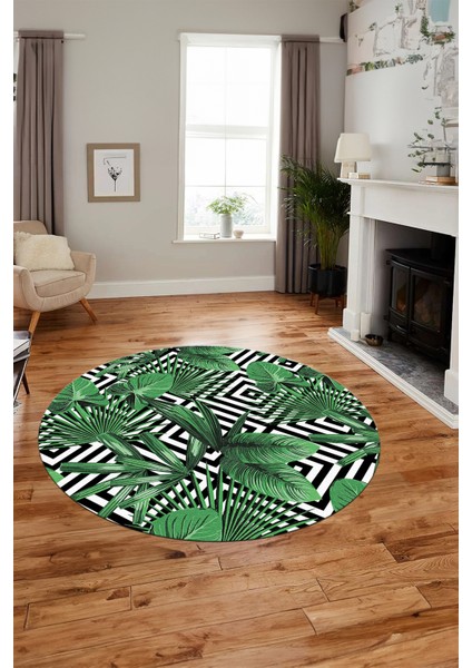 Yaprak Desen Baskılı Kaymaz Taban Yıkanabilir Modern Yuvarlak Salon Halısı Y-MODERN-100-YEŞİL modelleri