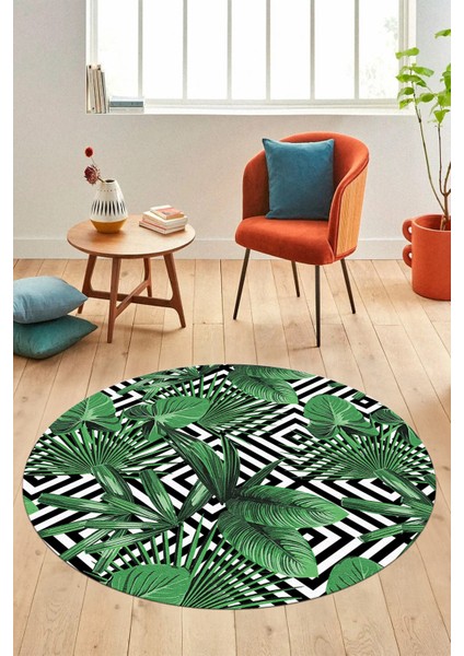 Yaprak Desen Baskılı Kaymaz Taban Yıkanabilir Modern Yuvarlak Salon Halısı Y-MODERN-100-YEŞİL indirimleri