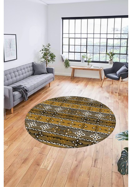 Modern Etnik Desenli Dijital Kaymaz Yıkanabilir Yuvarlak Mutfak Salon Halısı Y-Modern-19-Kahve fırsatları