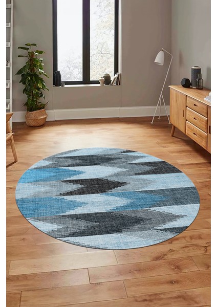 Renkli Desen Baskılı Kaymaz Taban Yıkanabilir Modern Yuvarlak Salon Halısı Y-MODERN-104-MAVİ