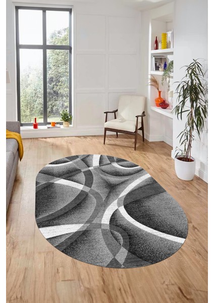 3D Baskılı Kaymaz Taban Yıkanabilir Modern Oval Yolluk Mutfak Salon Halısı O-Modern-97-Gri