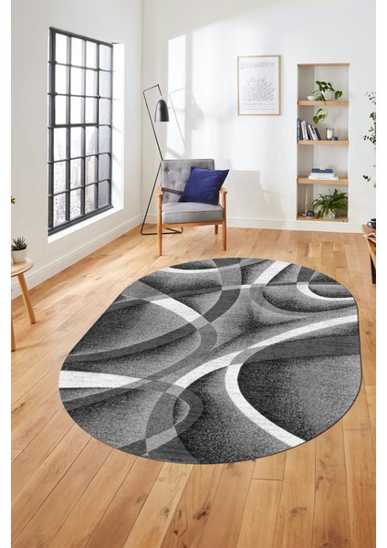 3D Baskılı Kaymaz Taban Yıkanabilir Modern Oval Yolluk Mutfak Salon Halısı O-Modern-97-Gri