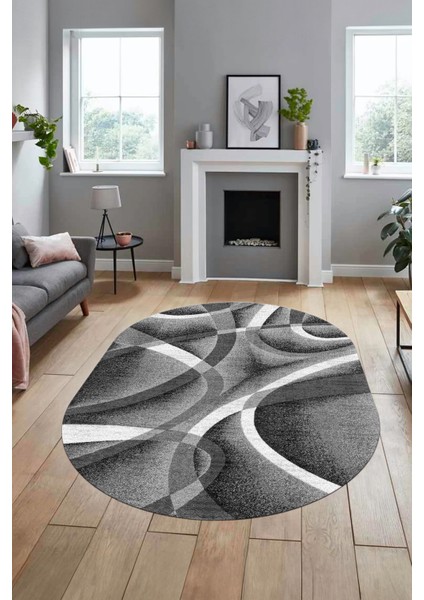 3D Baskılı Kaymaz Taban Yıkanabilir Modern Oval Yolluk Mutfak Salon Halısı O-Modern-97-Gri