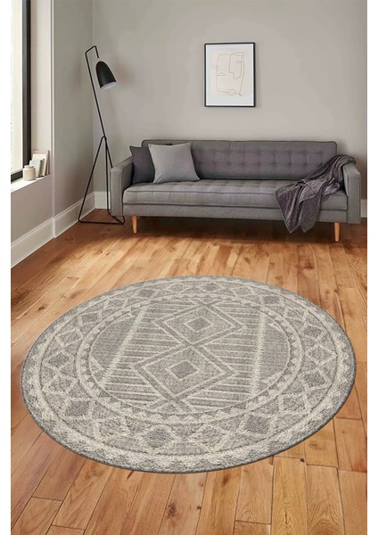 Kilim Desen Baskılı Kaymaz Taban Yıkanabilir Modern Yuvarlak Salon Halısı Y-MODERN-108-BEJ