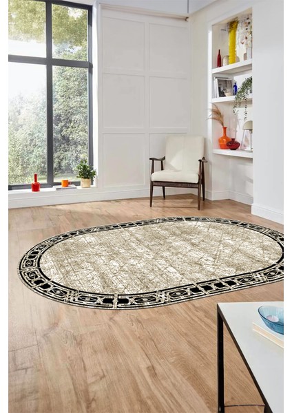 Çerçeveli Baskılı Kaymaz Taban Yıkanabilir Oval Yolluk Mutfak Salon Halısı O-MODERN-118-BEJ