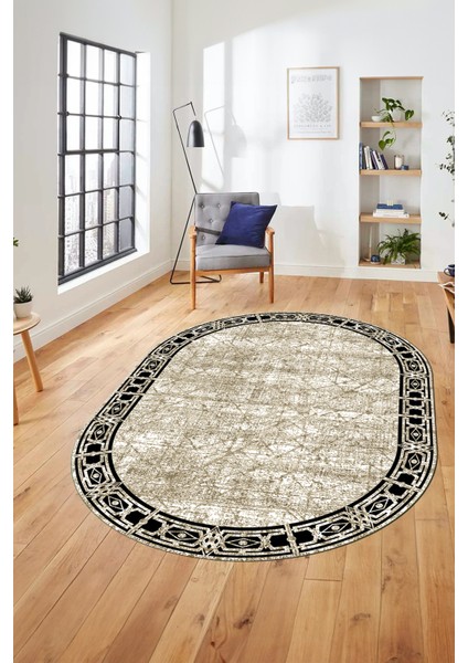 Çerçeveli Baskılı Kaymaz Taban Yıkanabilir Oval Yolluk Mutfak Salon Halısı O-MODERN-118-BEJ fiyatları