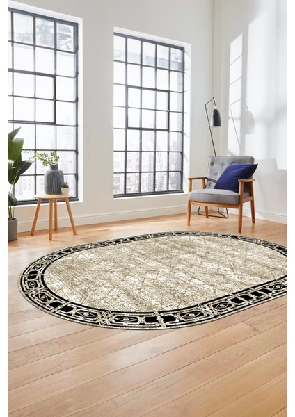 Çerçeveli Baskılı Kaymaz Taban Yıkanabilir Oval Yolluk Mutfak Salon Halısı O-MODERN-118-BEJ modelleri
