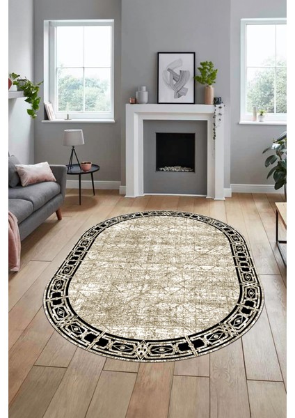 Çerçeveli Baskılı Kaymaz Taban Yıkanabilir Oval Yolluk Mutfak Salon Halısı O-MODERN-118-BEJ fırsatları