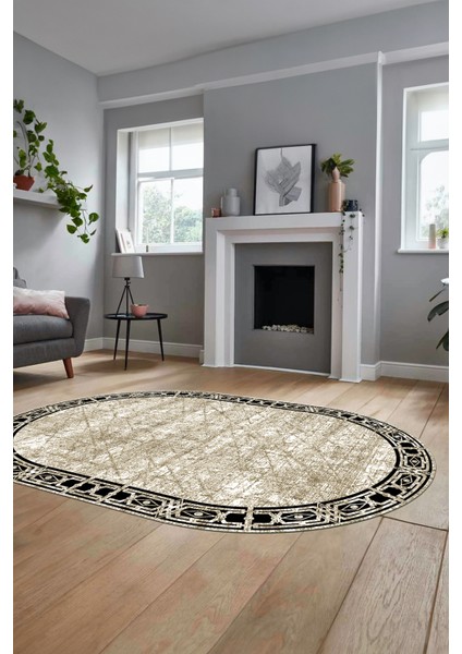Çerçeveli Baskılı Kaymaz Taban Yıkanabilir Oval Yolluk Mutfak Salon Halısı O-MODERN-118-BEJ indirimleri