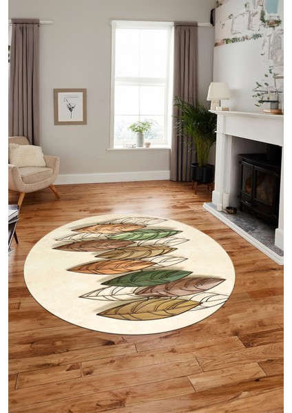 Baskılı Kaymaz Taban Yıkanabilir Yaprak Desenli Mutfak Yuvarlak Salon Halısı Y-Modern-08-Krem