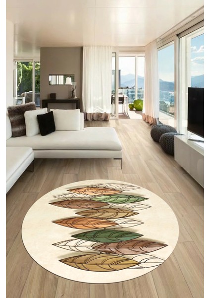Baskılı Kaymaz Taban Yıkanabilir Yaprak Desenli Mutfak Yuvarlak Salon Halısı Y-Modern-08-Krem fiyatları