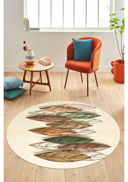 Baskılı Kaymaz Taban Yıkanabilir Yaprak Desenli Mutfak Yuvarlak Salon Halısı Y-Modern-08-Krem modelleri