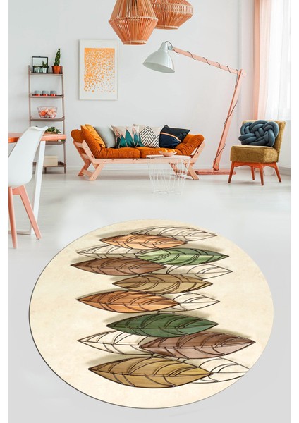 Baskılı Kaymaz Taban Yıkanabilir Yaprak Desenli Mutfak Yuvarlak Salon Halısı Y-Modern-08-Krem fırsatları