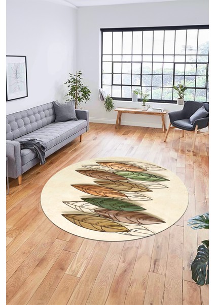 Baskılı Kaymaz Taban Yıkanabilir Yaprak Desenli Mutfak Yuvarlak Salon Halısı Y-Modern-08-Krem indirimleri