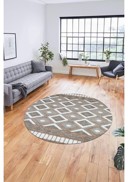 3D Dijital Kaymaz Yıkanabilir Şık Kilim Desen Yuvarlak Mutfak Halısı Salon Halısı Y-Modern-69-Kahve