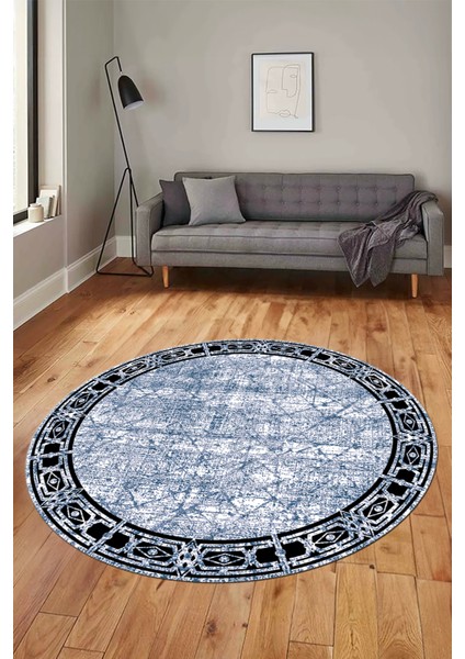 Çerçeveli Baskılı Kaymaz Taban Yıkanabilir Yuvarlak Mutfak Salon Halısı Y-MODERN-118-MAVİ