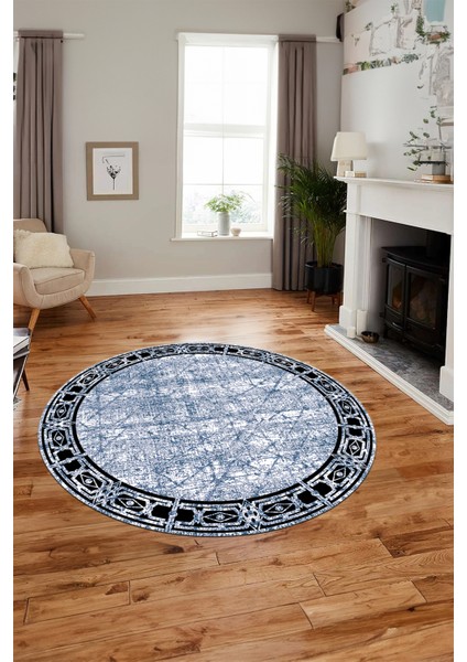 Çerçeveli Baskılı Kaymaz Taban Yıkanabilir Yuvarlak Mutfak Salon Halısı Y-MODERN-118-MAVİ fiyatları