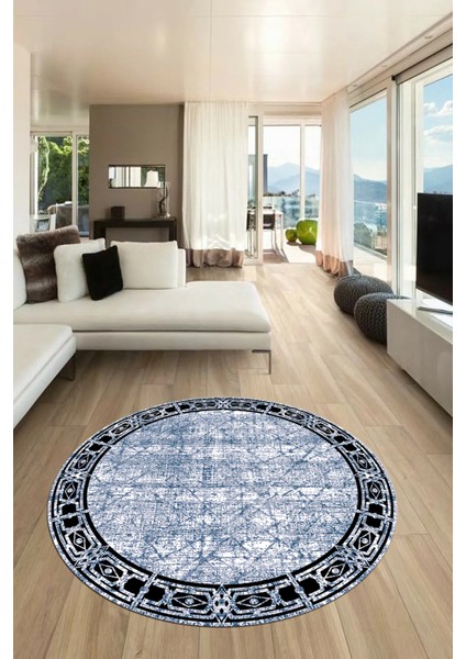 Çerçeveli Baskılı Kaymaz Taban Yıkanabilir Yuvarlak Mutfak Salon Halısı Y-MODERN-118-MAVİ modelleri