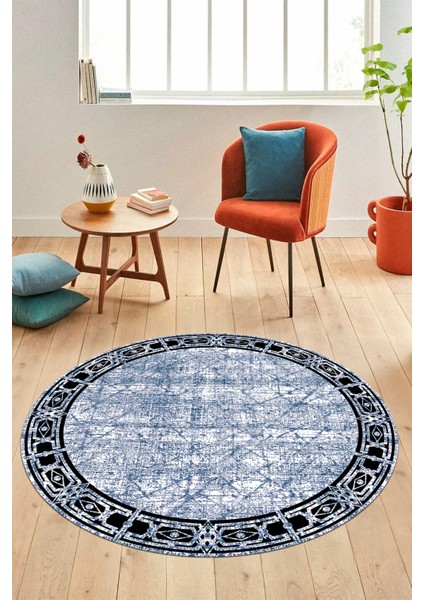 Çerçeveli Baskılı Kaymaz Taban Yıkanabilir Yuvarlak Mutfak Salon Halısı Y-MODERN-118-MAVİ fırsatları