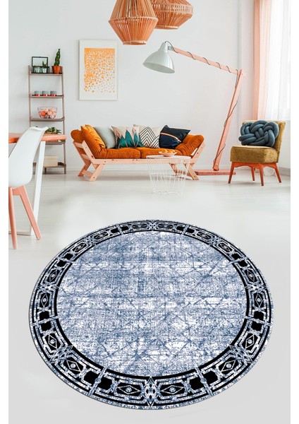 Çerçeveli Baskılı Kaymaz Taban Yıkanabilir Yuvarlak Mutfak Salon Halısı Y-MODERN-118-MAVİ indirimleri