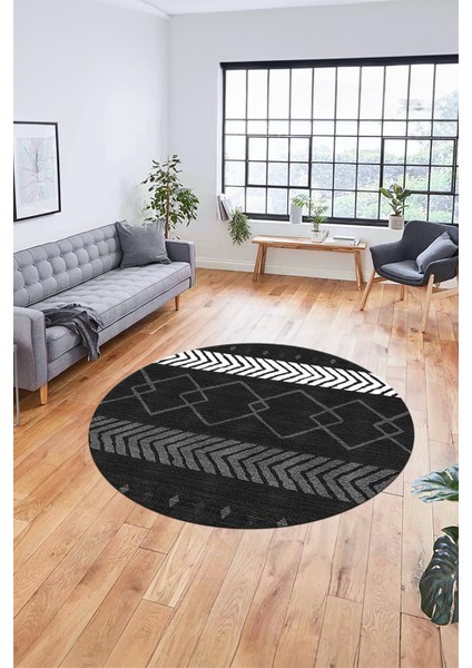 Sade Modern Kilim Desen Kaymaz Yıkanabilir Yuvarlak Mutfak Salon Halısı Y-Modern-75-Antrasit