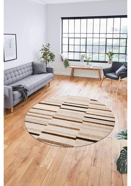 Şık Sade Kilim Desenli Dijital Kaymaz Yıkanabilir Yuvarlak Mutfak Salon Halısı Y-Modern-74-Kahve