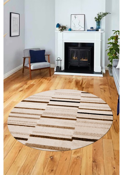 Şık Sade Kilim Desenli Dijital Kaymaz Yıkanabilir Yuvarlak Mutfak Salon Halısı Y-Modern-74-Kahve fiyatları