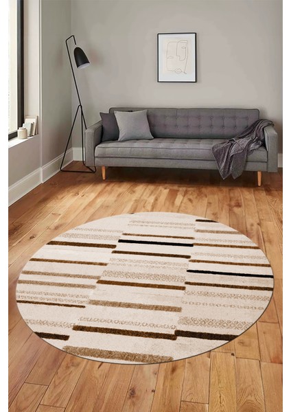 Şık Sade Kilim Desenli Dijital Kaymaz Yıkanabilir Yuvarlak Mutfak Salon Halısı Y-Modern-74-Kahve fırsatları