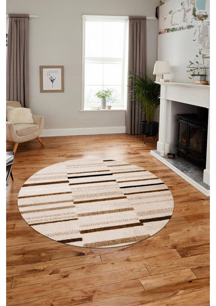 Şık Sade Kilim Desenli Dijital Kaymaz Yıkanabilir Yuvarlak Mutfak Salon Halısı Y-Modern-74-Kahve indirimleri